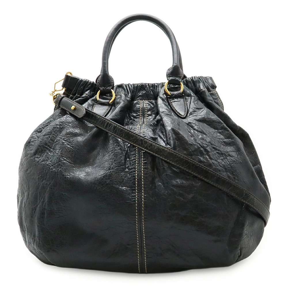 Miu Miu Shirred 2way Shoulder Bag Tote Crossbody Leather Black